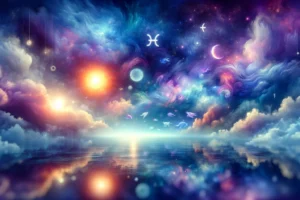 DALL·E 2024-02-19 19.56.24 – A serene and mystical dreamscape under a vibrant night sky, illuminated by a glowing sun transitioning into the Pisces zodiac sign. The scene is fille