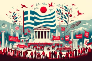 DALL·E 2024-02-27 13.24.26 – Design an illustration that reflects the centre-left ideology of the SYRIZA party in Greece, emphasizing a more moderate approach to social democracy