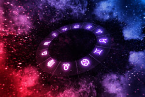 Zodiac signs inside of horoscope circle on universe. Astrology and horoscopes.