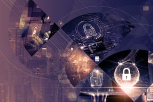 A collage showcasing various aspects of cybersecurity with digital lock icons and cityscape in the background.Cybersecurity Elements and Digital Locks