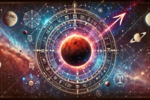 DALL·E 2025-01-21 18.31.56 – A symbolic representation of Mars retrograde in astrology, featuring the planet Mars with a glowing red hue moving backward in a celestial night sky.