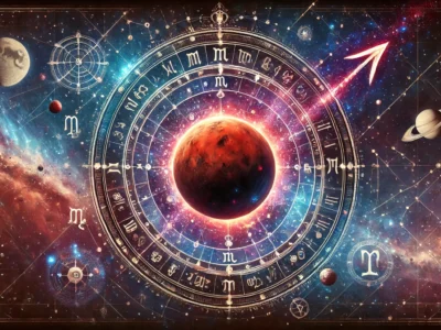 DALL·E 2025-01-21 18.31.56 – A symbolic representation of Mars retrograde in astrology, featuring the planet Mars with a glowing red hue moving backward in a celestial night sky. Γιουνγκιανή αστρο-ψυχολογία